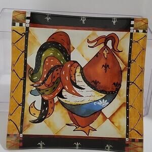 Whimiscal Rooster Dish Jennifer Garant Certified International Glass Red